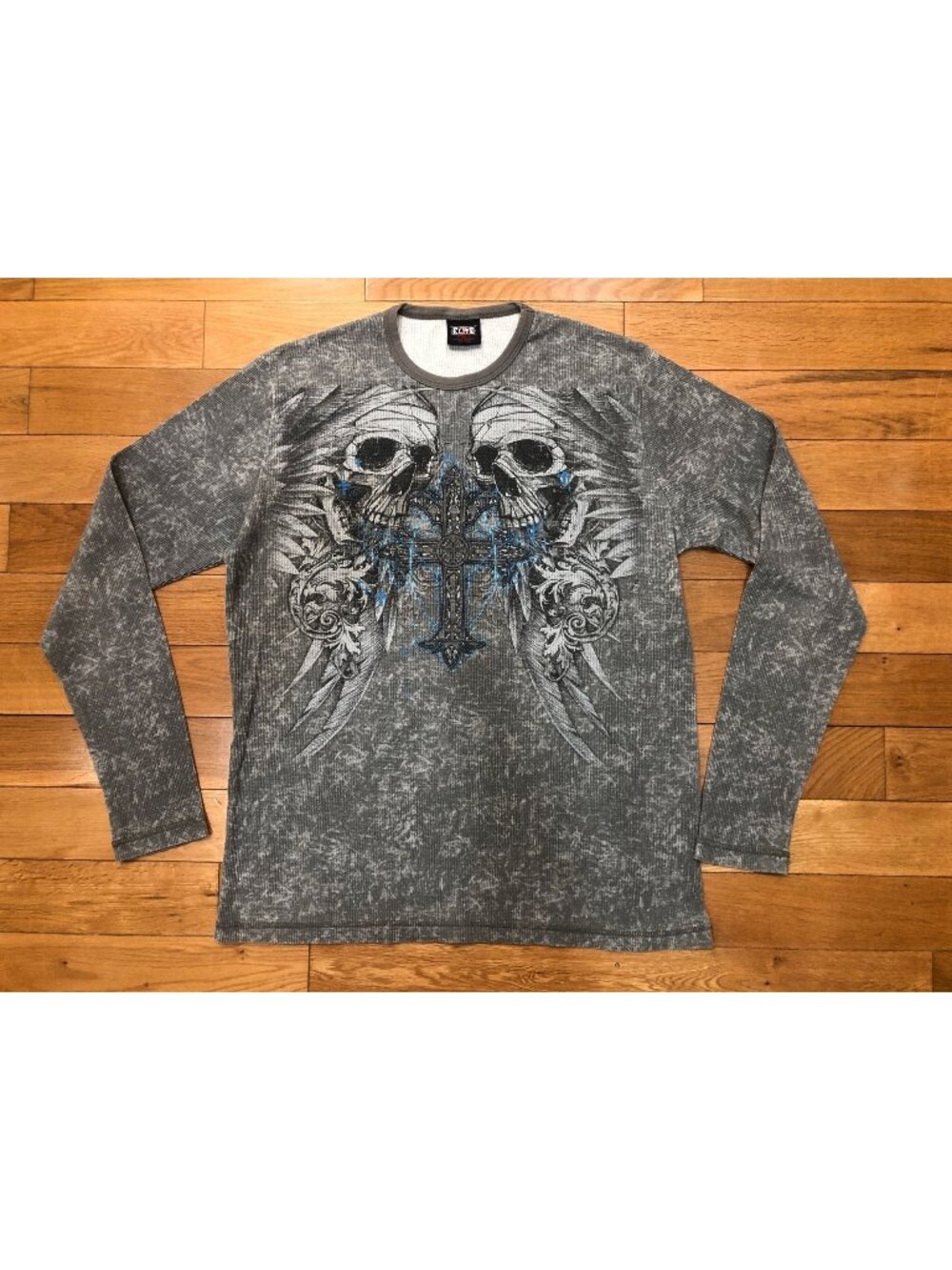 MMA Elite Gray Long Sleeve Thermal Shirt Grunge Skull & Cross Graphics Sz XL Y2K